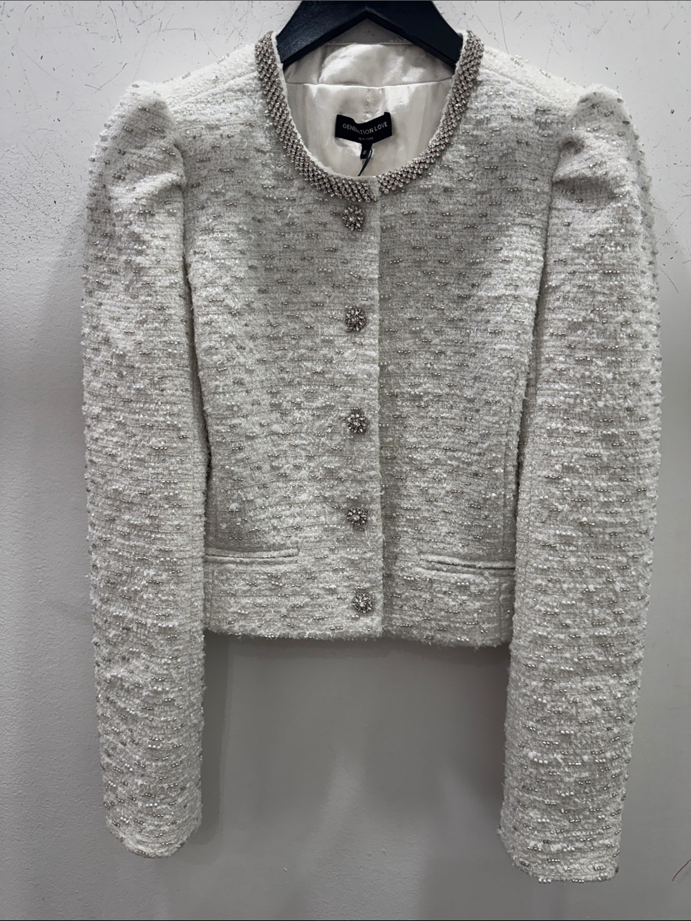 Generation Love Chiara Cream Crystal/Pearl-Embellished Tweed Blazer